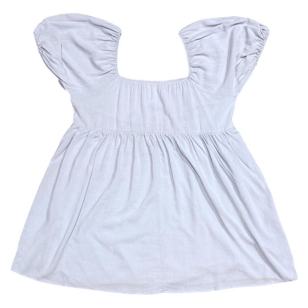 BiBi Mini Dress Blue Washed Linen Puff Sleeve Empire Waist NEW - Picture 10 of 11